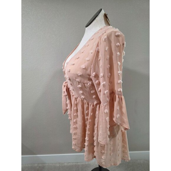 Kori America Pink Swiss Dot Textured Tie-Front Flowy Bell Sleeve Peplum Blouse T - Picture 4 of 5